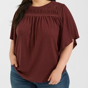 Torrid Knit Maroon Crewneck Smocked Flutter Sleeve Top Plus Size 2 2x
